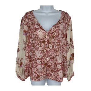 Tahari Womens Pink & Cream Floral Linen Blouse Button Front Long Sleeve Size M